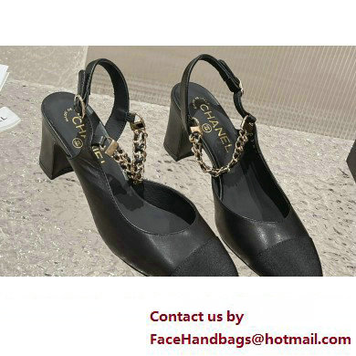 Chanel Heel 6.5cm Chain Lambskin Grosgrain & Metal Pumps Slingbacks G45092 Black 2023